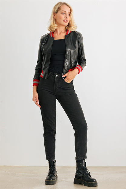 Black & Red Ribbed Vegan Leather Bomber Jacket - Love It Clothing