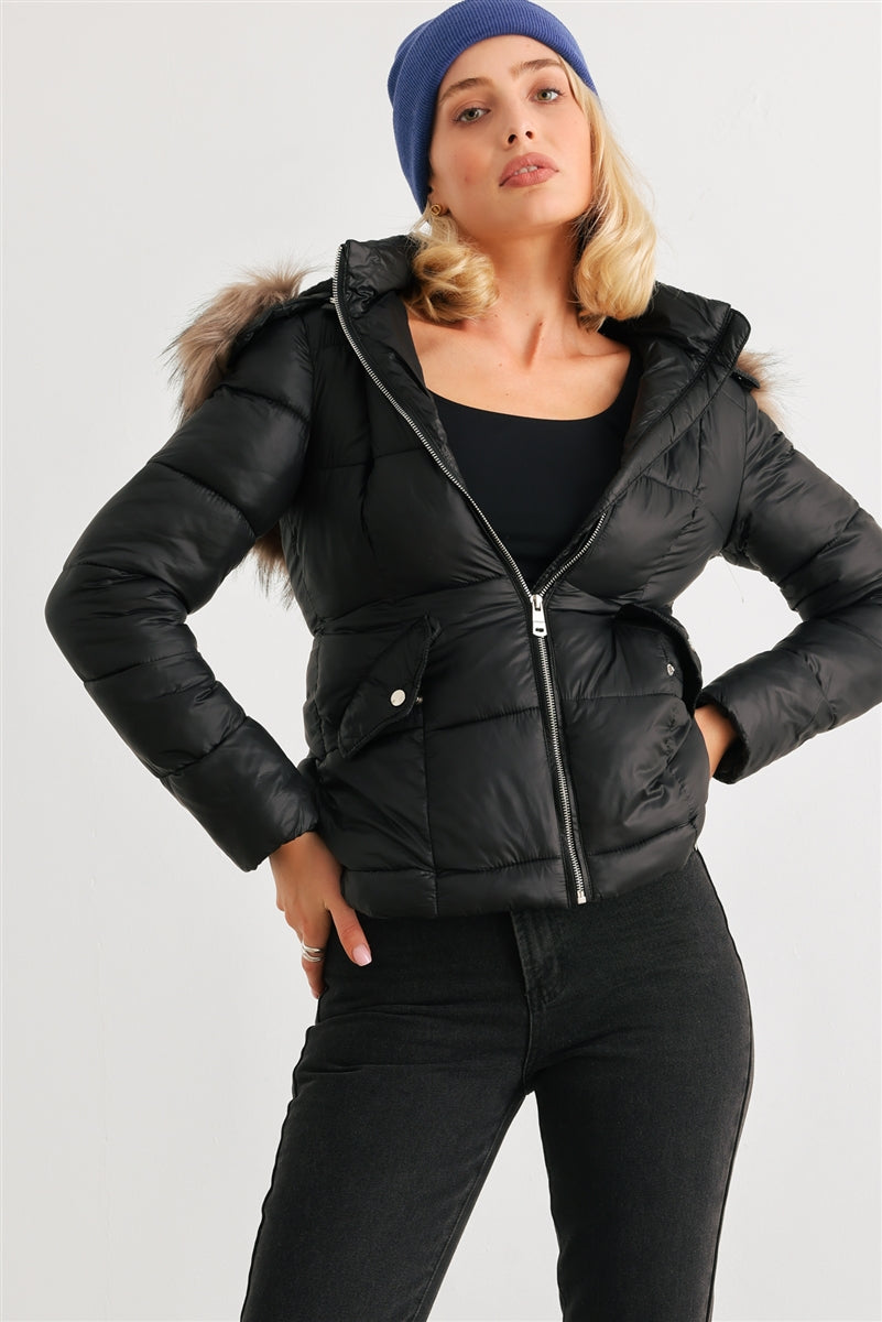 Long Sleeve Faux Fur Hood Padded Water Resistant Finish Jacket - Love It Clothing