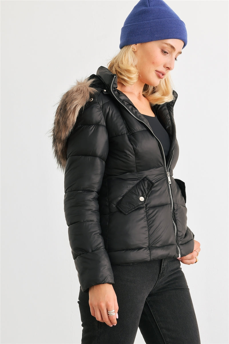 Long Sleeve Faux Fur Hood Padded Water Resistant Finish Jacket - Love It Clothing
