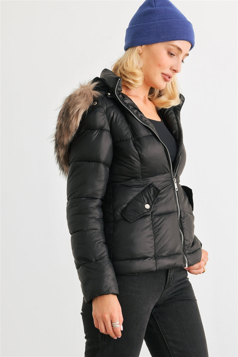 Long Sleeve Faux Fur Hood Padded Water Resistant Finish Jacket-57846a.S-Select Size: S, M, L-Love It Clothing