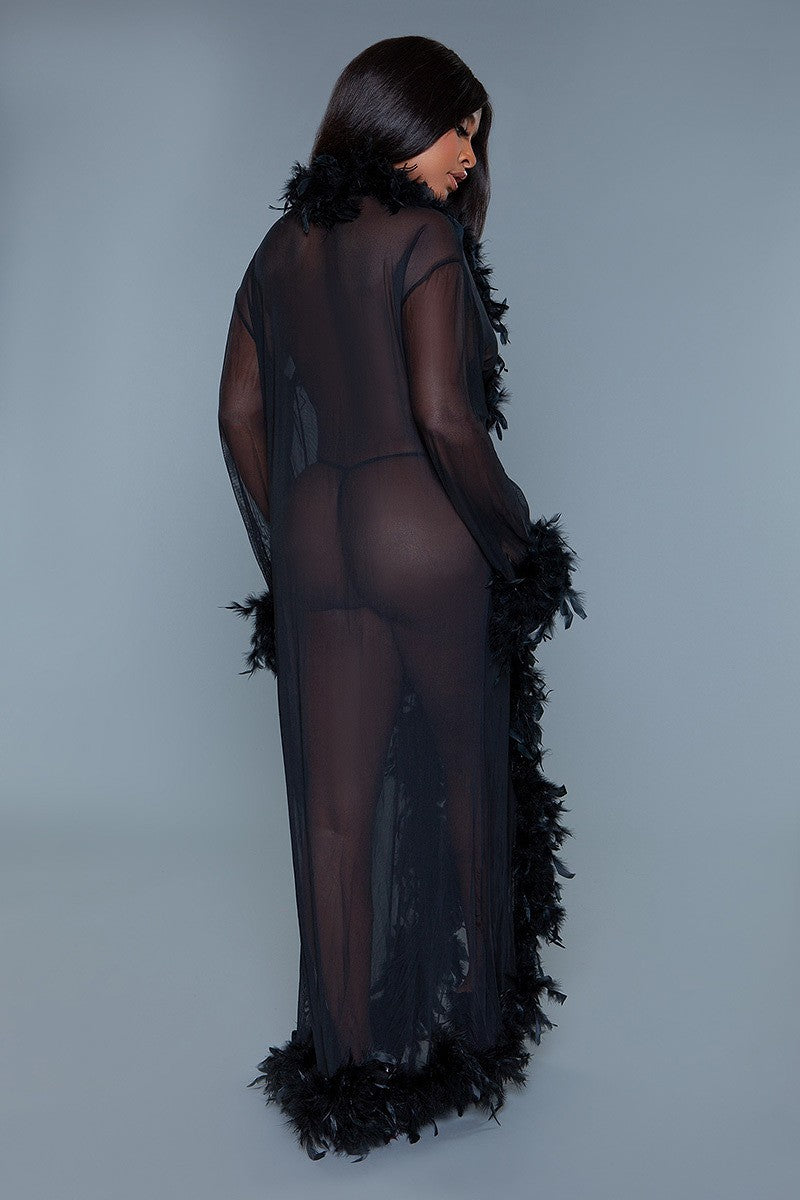 Sheer Full-length Robe With Chandelle Boa Feather Trim - Love It Clothing