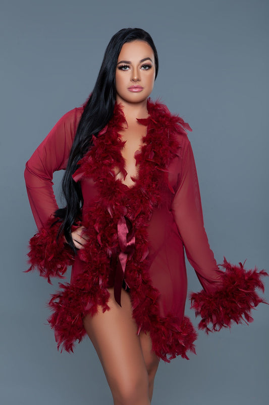 Knee Length Feather Robe With Ribbon Ties-57870.Maroon--Love It Clothing