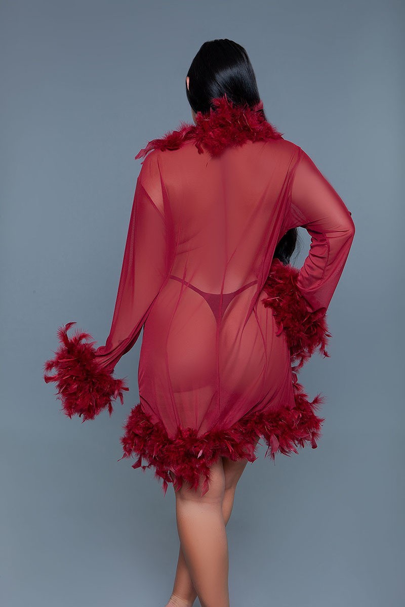 Knee Length Feather Robe With Ribbon Ties-57870.Maroon--Love It Clothing