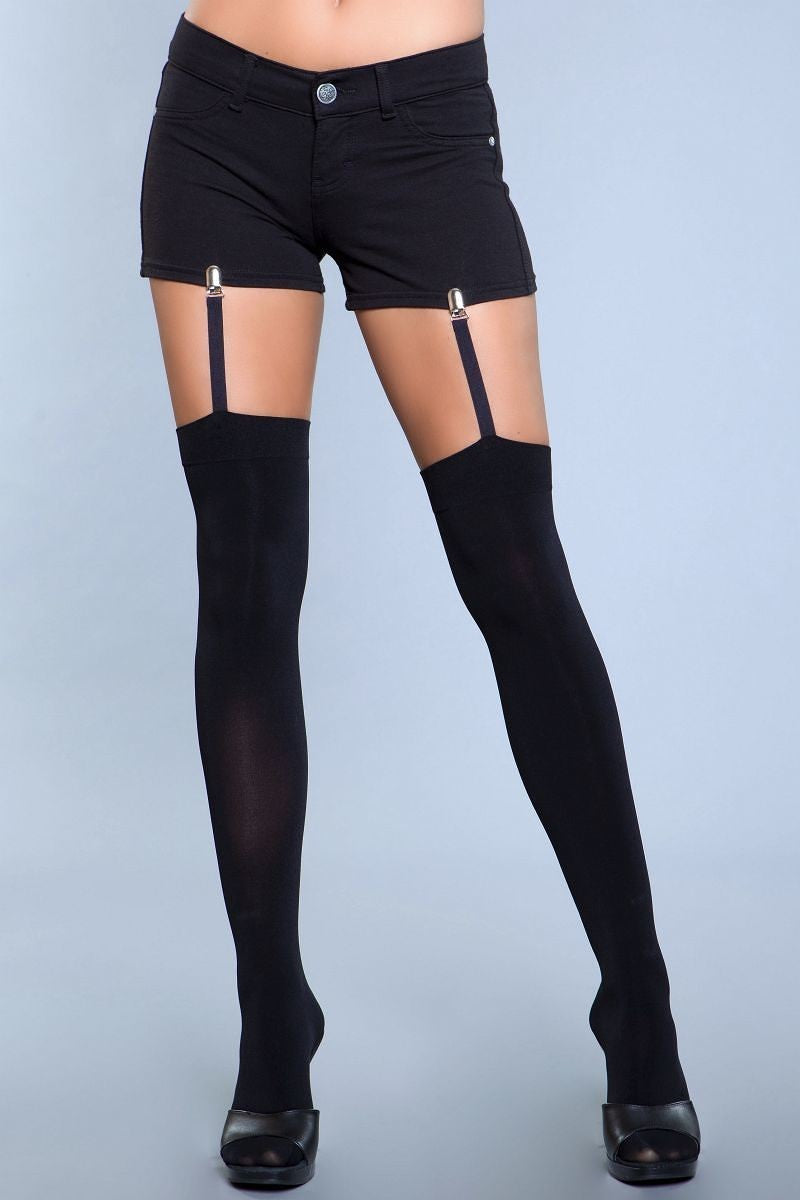 Opaque Thigh Highs With Attached Clip Garter. (shorts Not Included.)-57872.Black--Love It Clothing