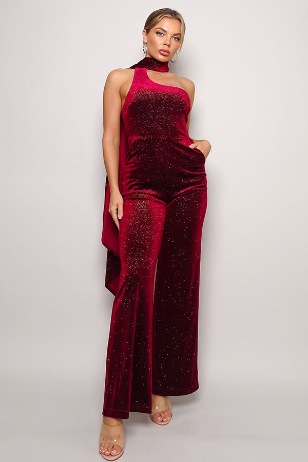 Scarf Top Glitter Velvet Jumpsuit-57992a.M-Select Size: M-Love It Clothing