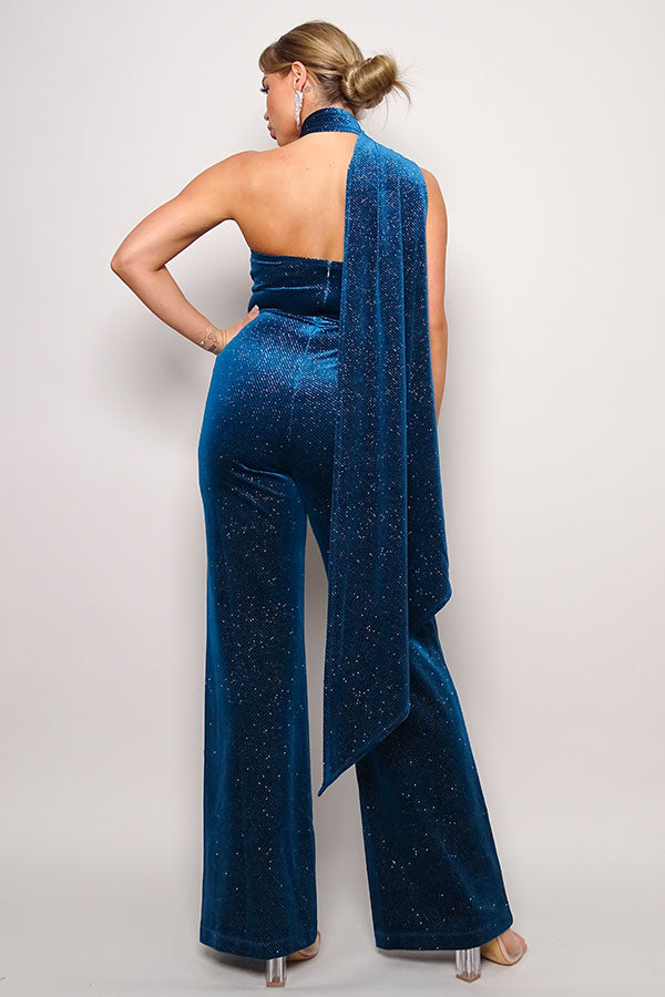 Scarf Top Glitter Velvet Jumpsuit-57992.S-Select Size: S, M, L-Love It Clothing