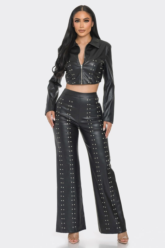 Faux Leather Set With Rhinestone Detail-58005.S-Select Size: S-Love It Clothing