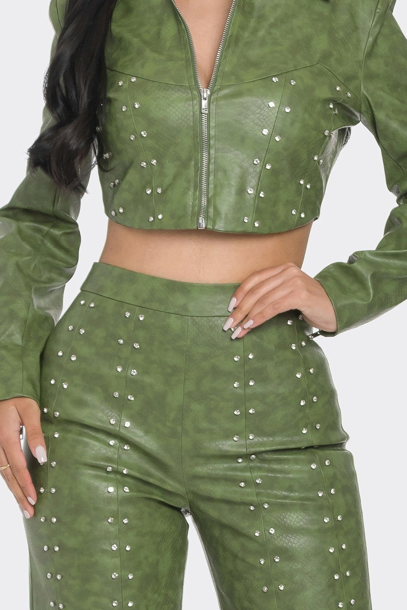 Faux Leather Set With Rhinestone Detail - Love It Clothing