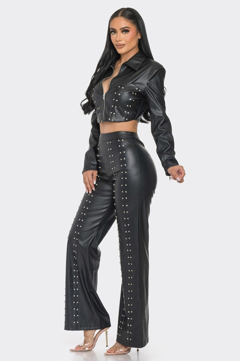 Faux Leather Set With Rhinestone Detail - Love It Clothing