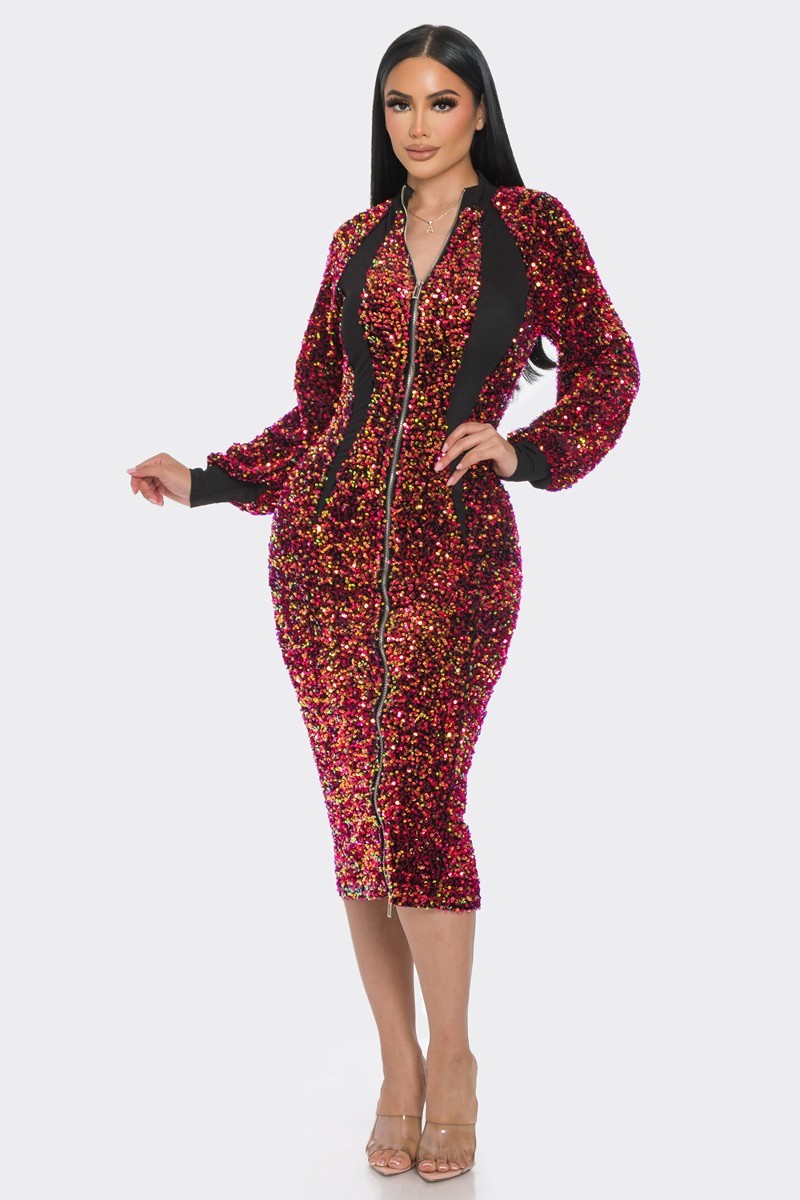 Midi 2 Way Zip Up Sequin Contrast Dress - Love It Clothing
