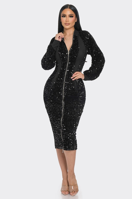 Midi 2 Way Zip Up Sequin Contrast Dress-58008a.S-Select Size: S-Love It Clothing