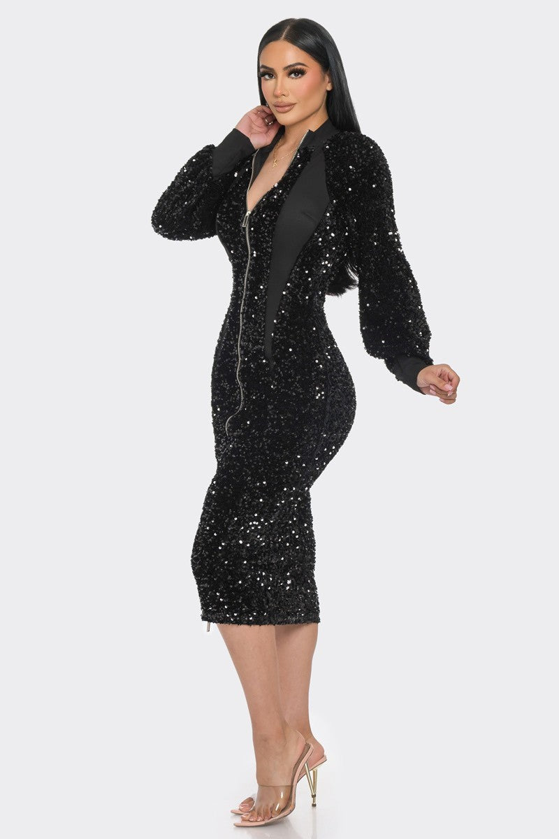 Midi 2 Way Zip Up Sequin Contrast Dress-58008a.S-Select Size: S, M, L-Love It Clothing