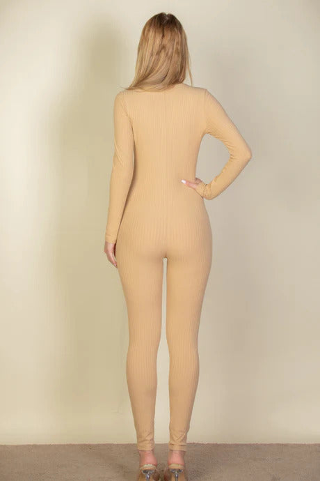 Ribbed Scoop Neck Long Sleeve Jumpsuit - Love It Clothing