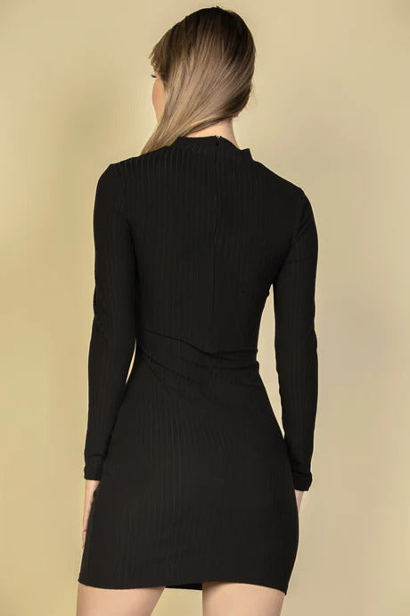 Ribbed Cut Out Front Long Sleeve Bodycon Mini Dress-58016b.S-Select Size: S, M, L-Love It Clothing