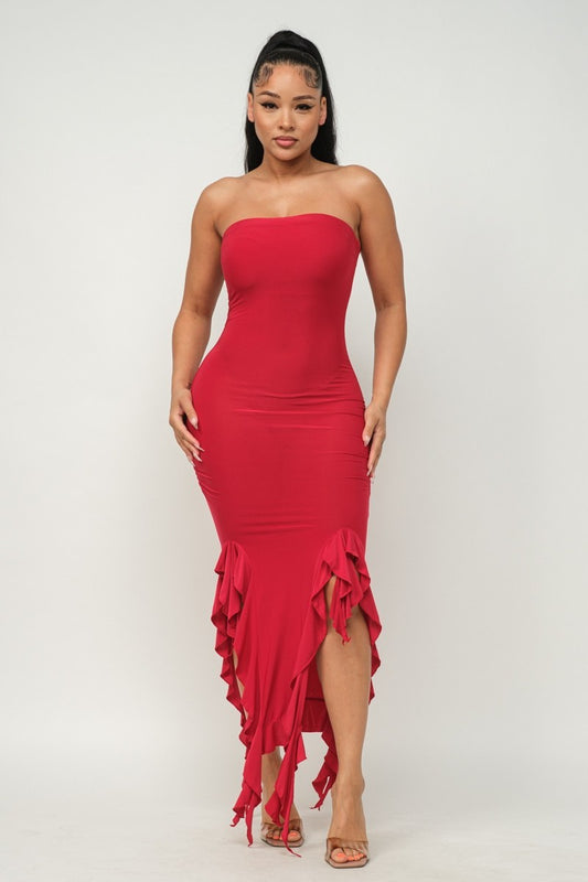 Solid Bottom Ruffle Trim Hem Slit Tube Maxi Dress-58105.S-Select Size: S, M, L-Love It Clothing