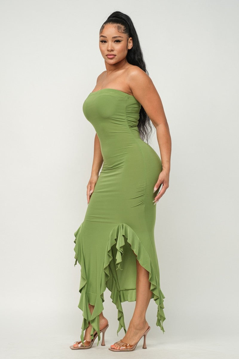 Solid Bottom Ruffle Trim Hem Slit Tube Maxi Dress-58105.S-Select Size: S, M, L-Love It Clothing