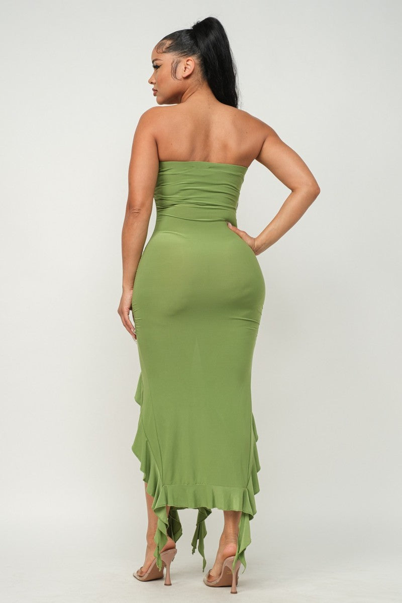 Solid Bottom Ruffle Trim Hem Slit Tube Maxi Dress-58105.S-Select Size: S, M, L-Love It Clothing