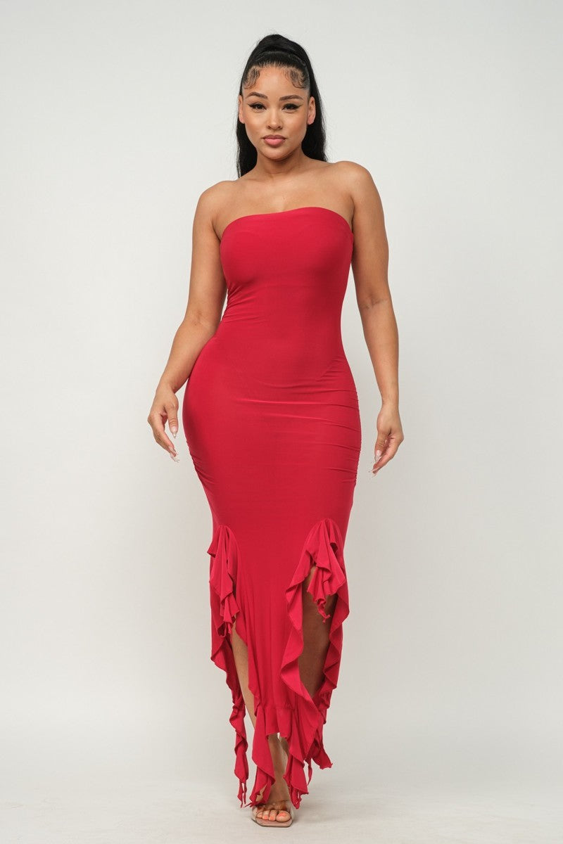 Solid Bottom Ruffle Trim Hem Slit Tube Maxi Dress-58105.S-Select Size: S-Love It Clothing