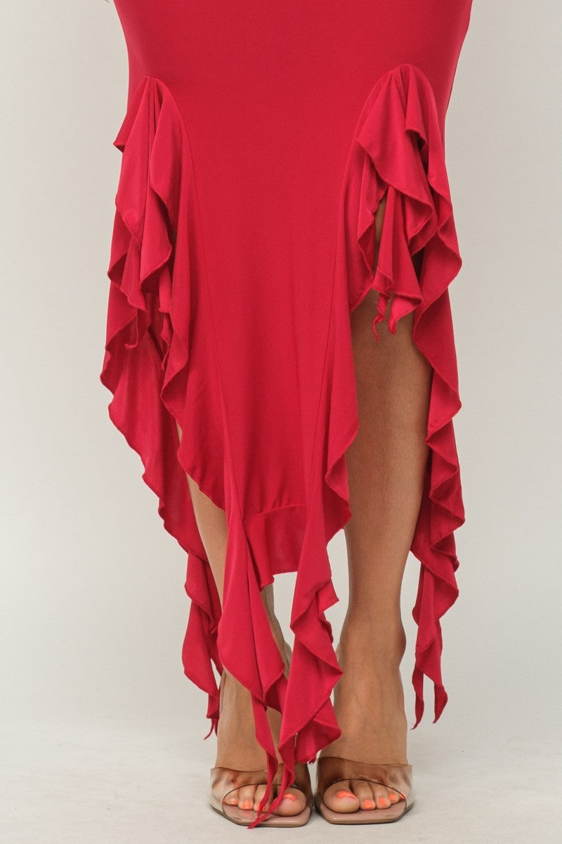 Solid Bottom Ruffle Trim Hem Slit Tube Maxi Dress-58105.S-Select Size: S, M, L-Love It Clothing