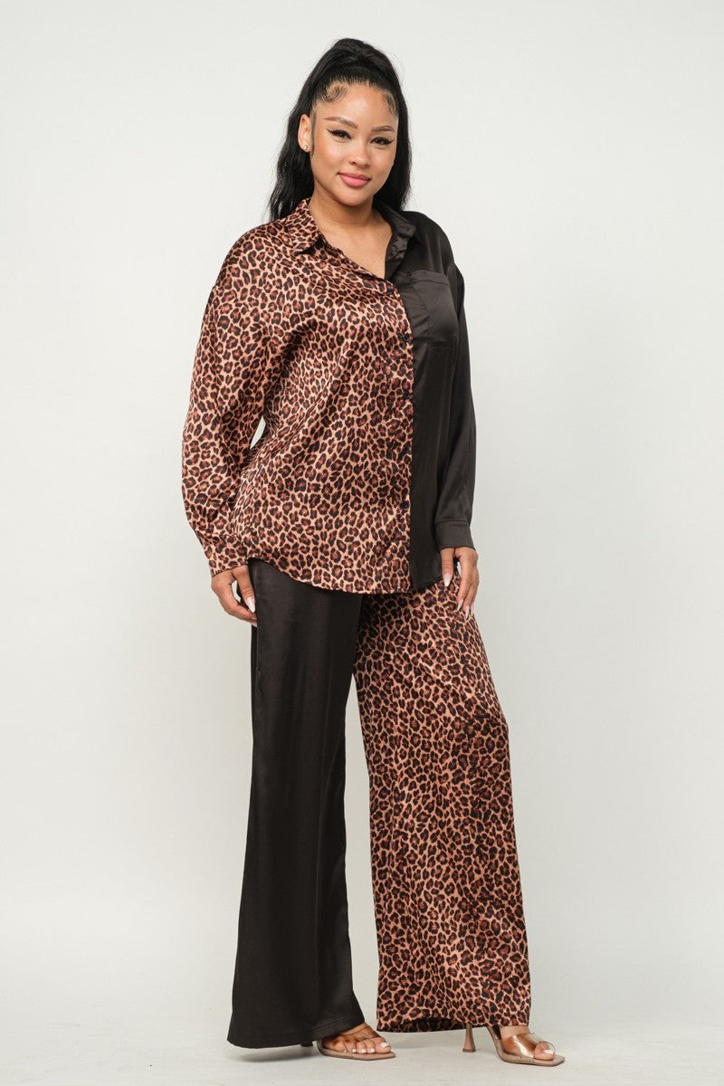 Half Animal Print And Half Solid Top And Pants Set-58109.S--Love It Clothing