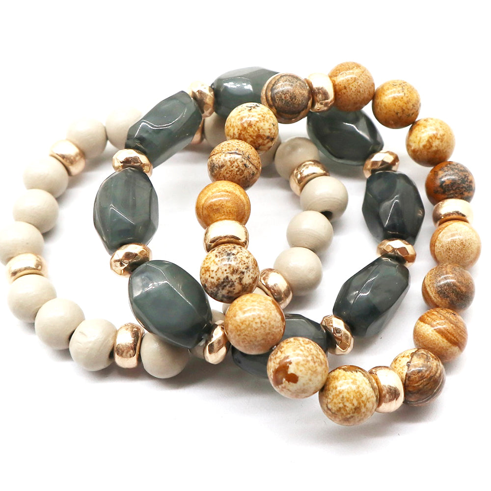 Semi Precious Stone Wood Bead Bracelet Set - Love It Clothing