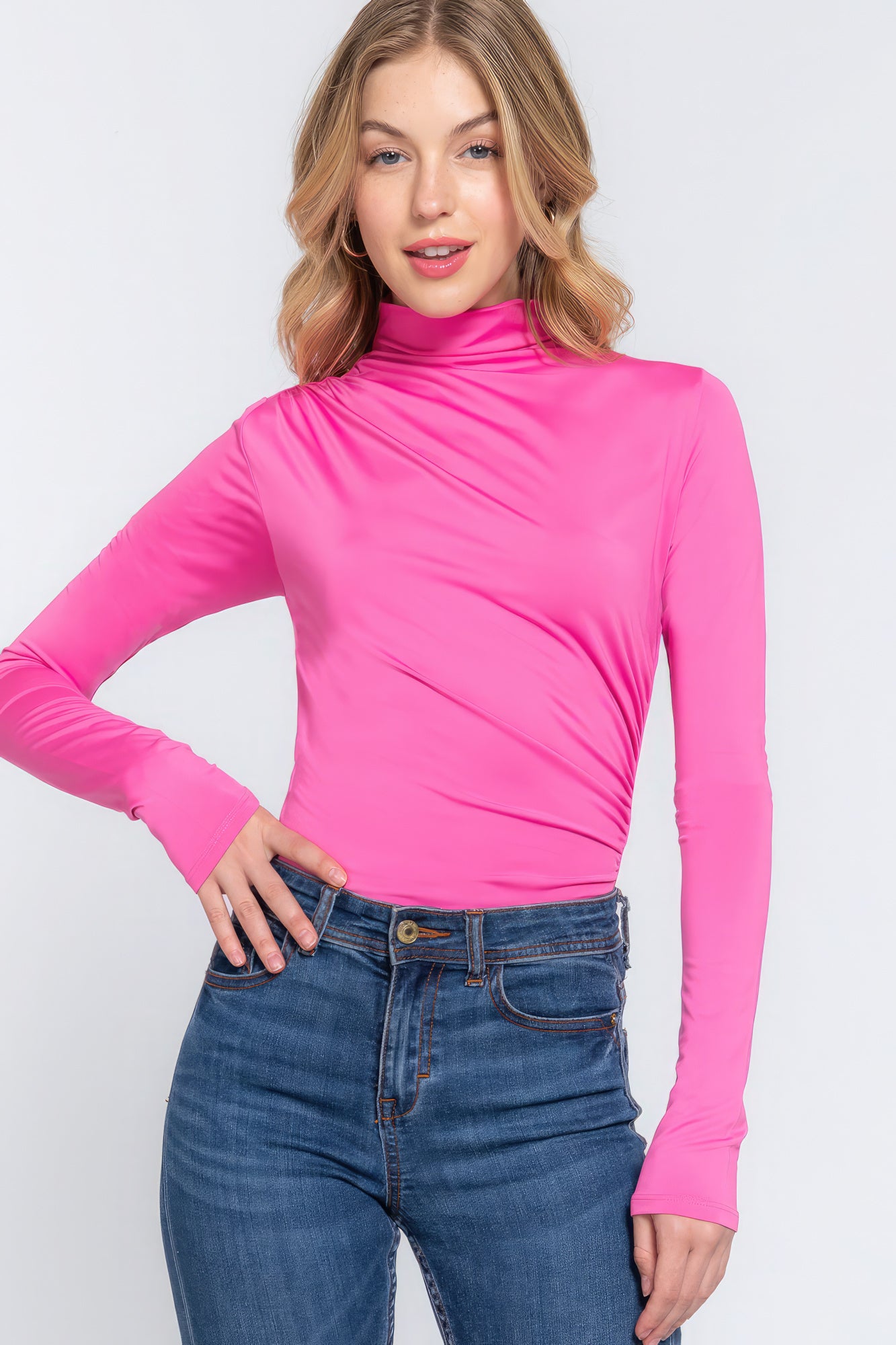 Long Sleeve High Neck Shirring Detail Ity Knit Bodysuit-58131a.S-Select Size: S, M, L-Love It Clothing