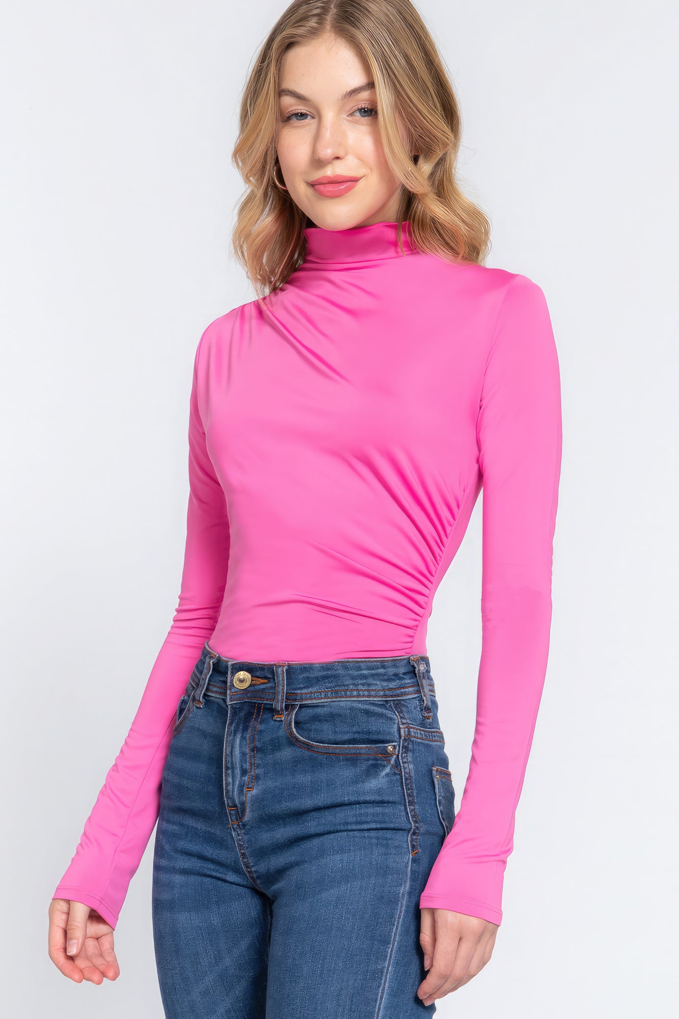 Long Sleeve High Neck Shirring Detail Ity Knit Bodysuit-58131a.S-Select Size: S, M, L-Love It Clothing