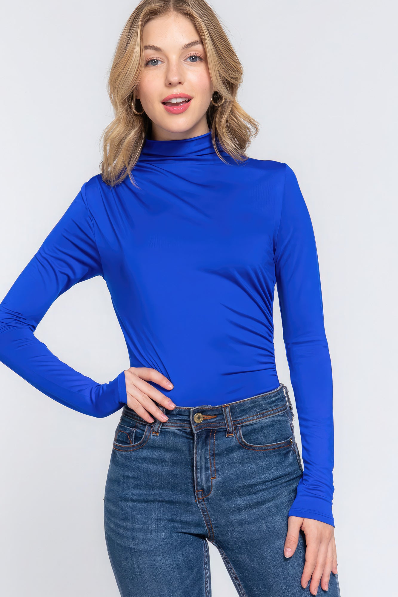 Long Sleeve High Neck Shirring Detail Ity Knit Bodysuit-58131a.S-Select Size: S, M, L-Love It Clothing