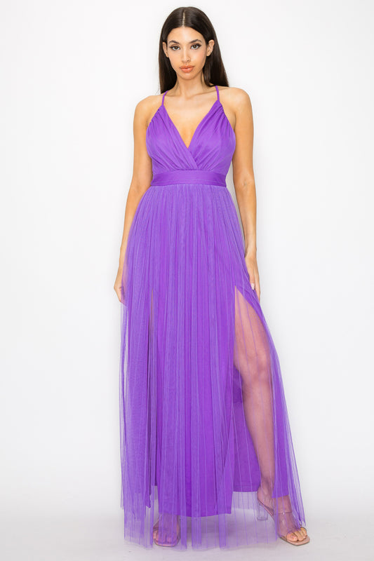 Pleated Mesh Slit Maxi Dress-58136b.S-Select Size: S, M, L-Love It Clothing