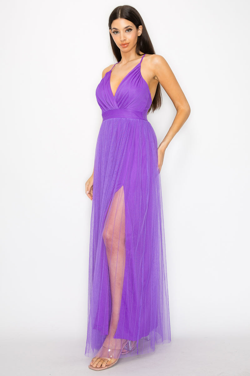 Pleated Mesh Slit Maxi Dress-58136b.S-Select Size: S, M, L-Love It Clothing