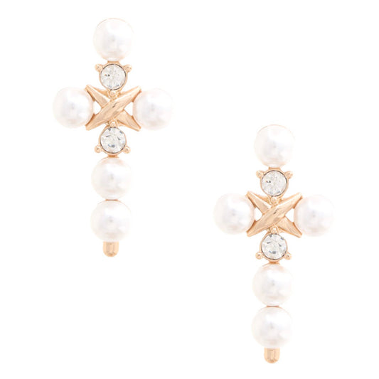 Pearl Bead Cross Dangle Earring - Love It Clothing