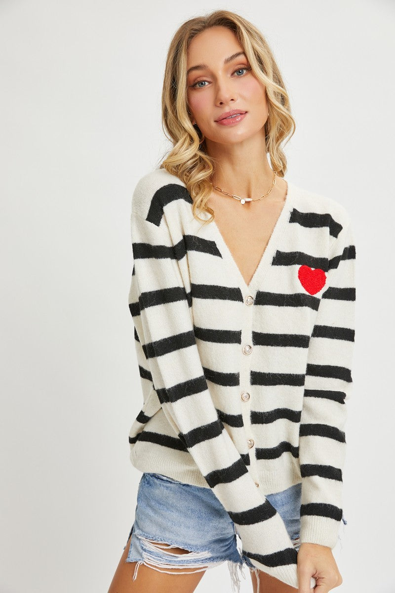 Striped Cardigan With Heart Patch - Love It Clothing
