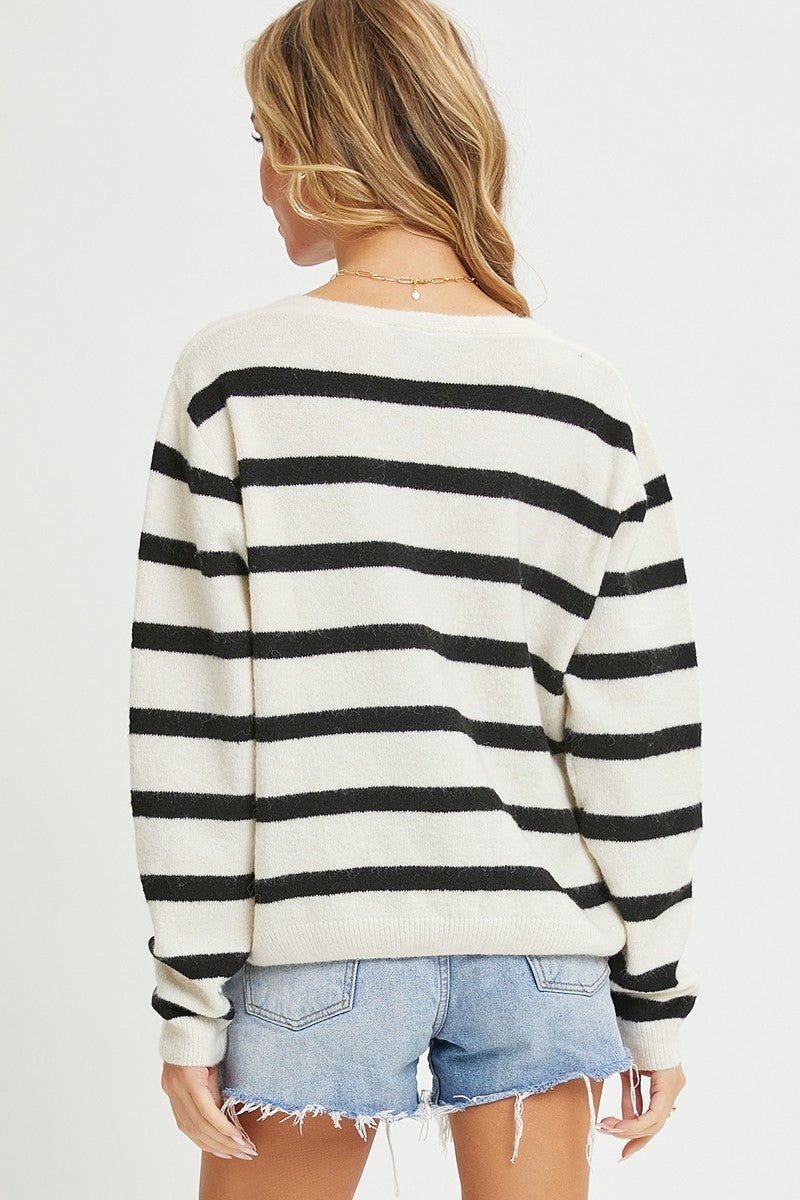 Striped Cardigan With Heart Patch - Love It Clothing