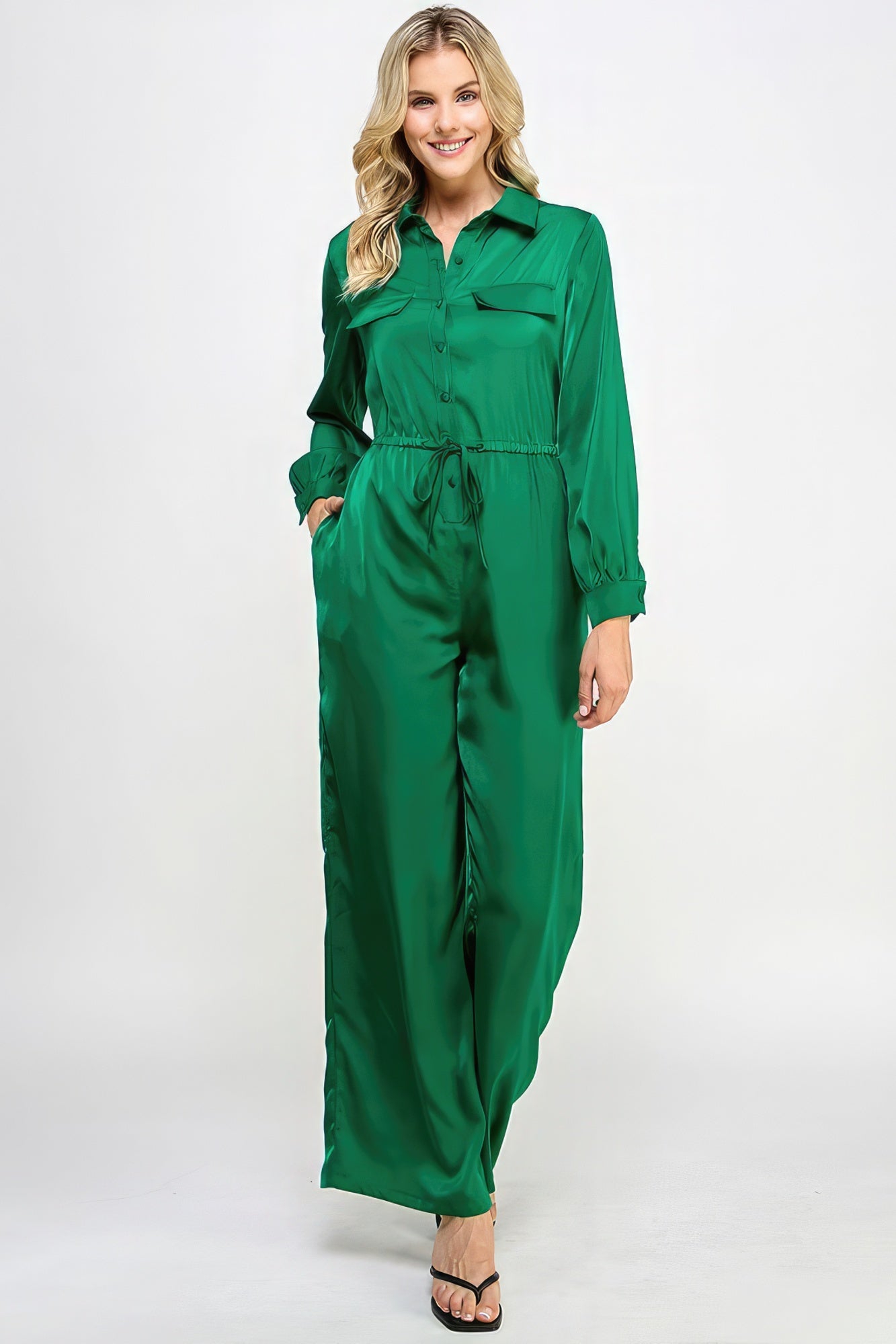 Long Sleeve Jumpsuit With Waist Drawstring-58218c.S--Love It Clothing