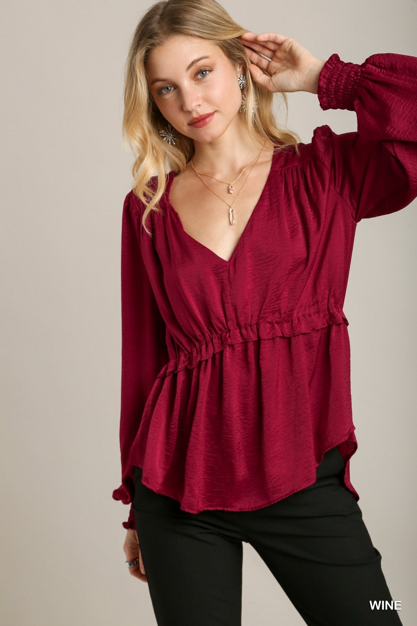 Satin V-neck Ruffle Baby Doll Top With Cuffed Long Sleeve-58229a.S-Select Size: S-Love It Clothing