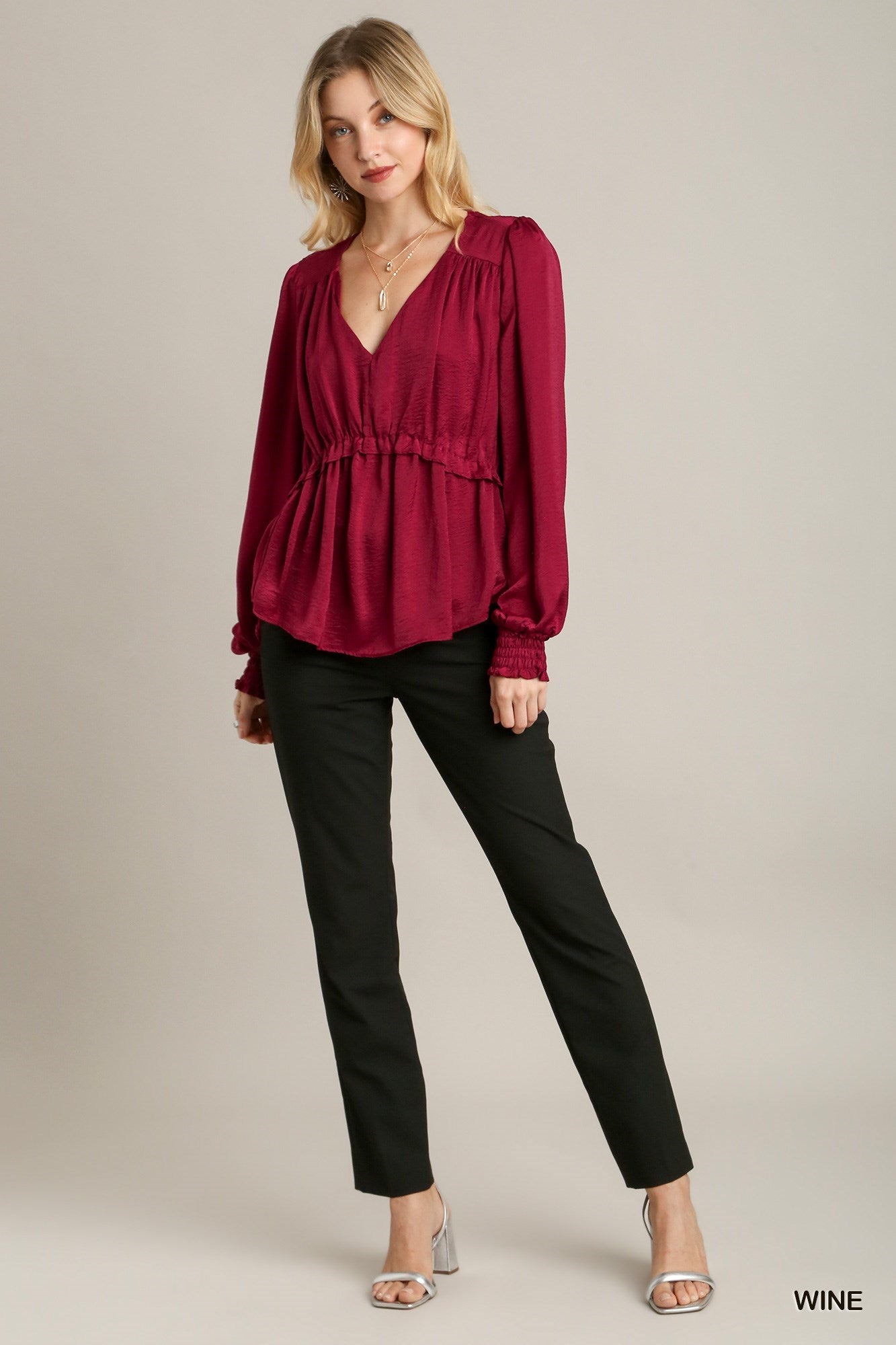 Satin V-neck Ruffle Baby Doll Top With Cuffed Long Sleeve-58229b.S-Select Size: S, M, L-Love It Clothing