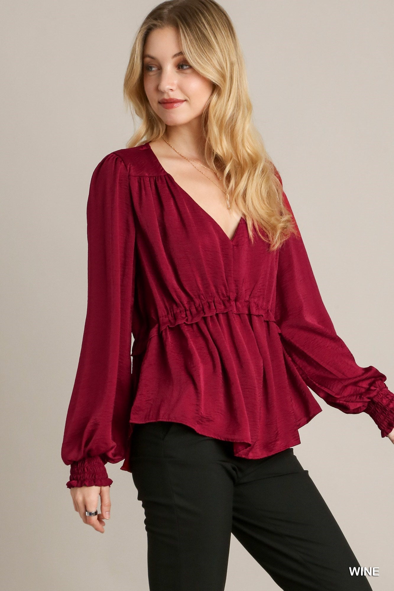 Satin V-neck Ruffle Baby Doll Top With Cuffed Long Sleeve-58229b.S-Select Size: S, M, L-Love It Clothing