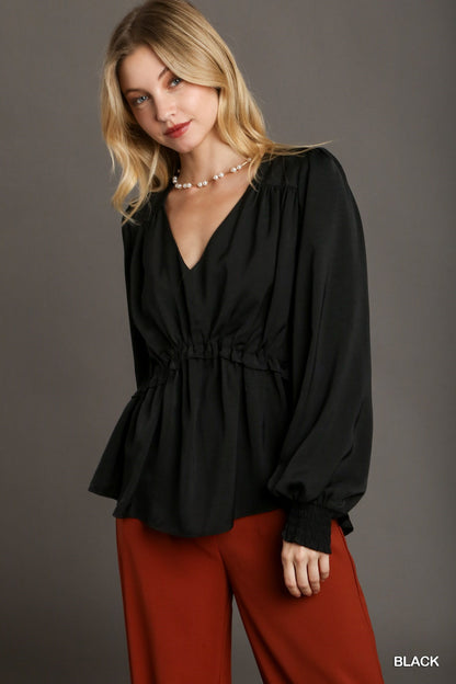 Satin V-neck Ruffle Baby Doll Top With Cuffed Long Sleeve-58229b.S-Select Size: S-Love It Clothing