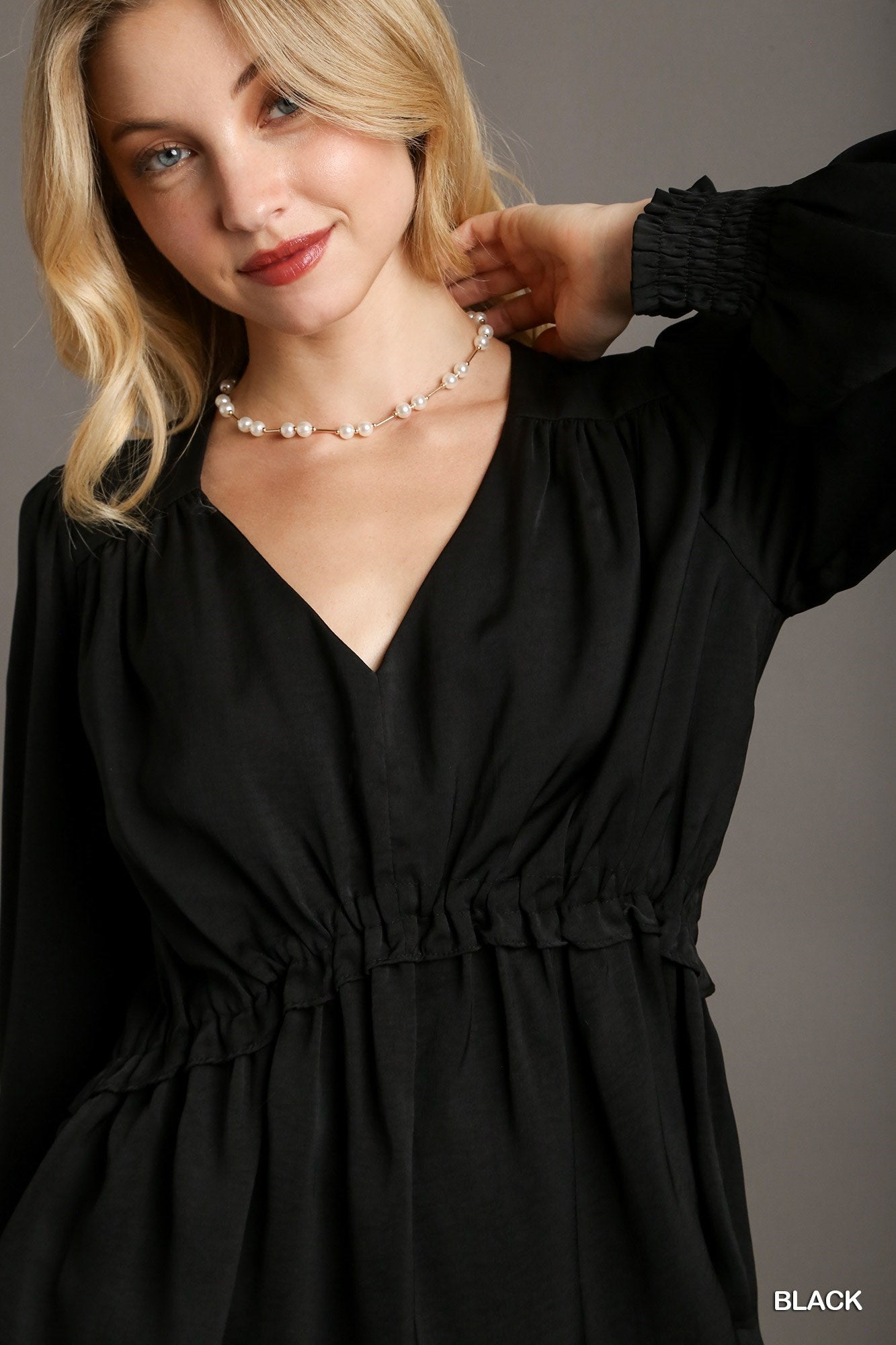 Satin V-neck Ruffle Baby Doll Top With Cuffed Long Sleeve-58229b.S-Select Size: S, M, L-Love It Clothing