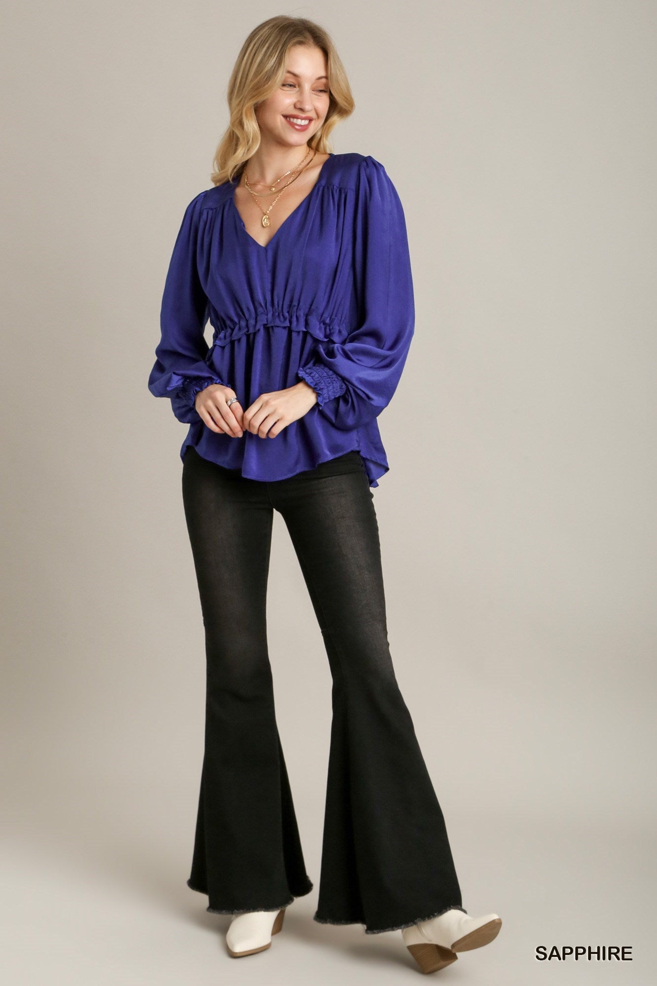 Satin V-neck Ruffle Baby Doll Top With Cuffed Long Sleeve-58229b.S-Select Size: S, M, L-Love It Clothing