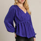 Satin V-neck Ruffle Baby Doll Top With Cuffed Long Sleeve