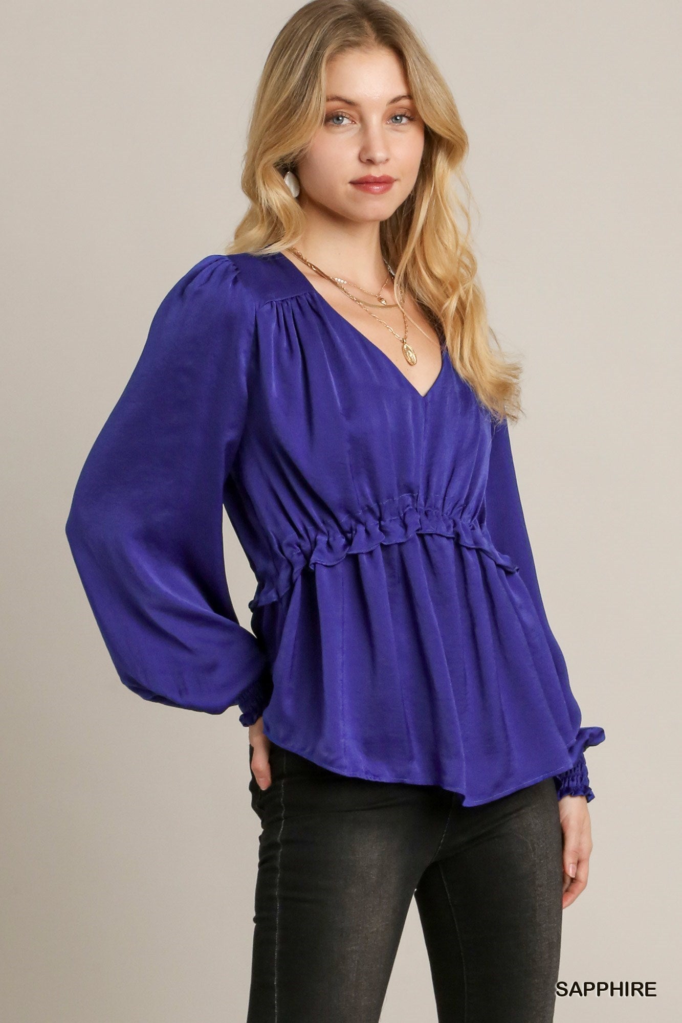 Satin V-neck Ruffle Baby Doll Top With Cuffed Long Sleeve-58229b.S-Select Size: S, M, L-Love It Clothing