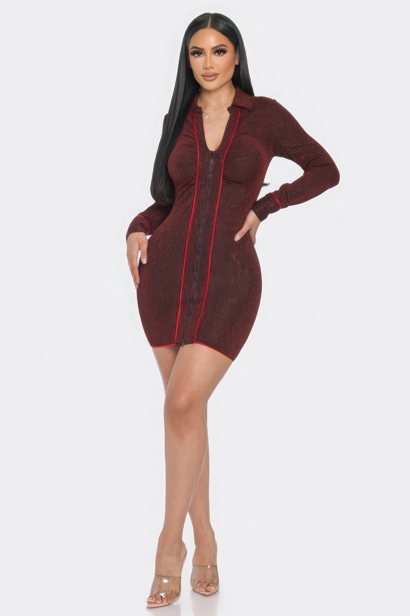 Mock Neck Long Sleeve Mini Dress-58230a.S-Select Size: S, M, L-Love It Clothing