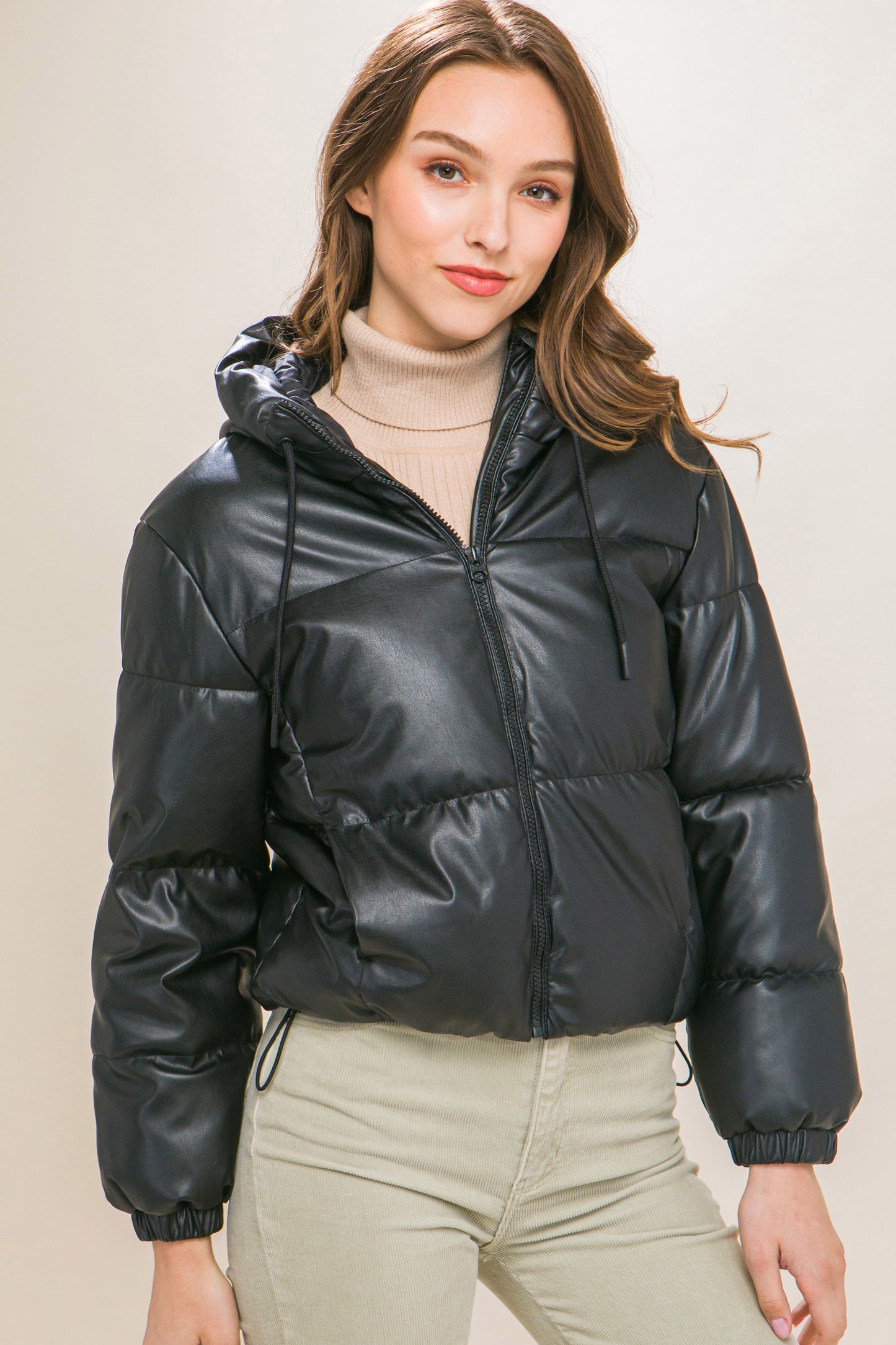 Pu Faux Leather Zipper Hooded Puffer Jacket-58237.S-Select Size: S-Love It Clothing