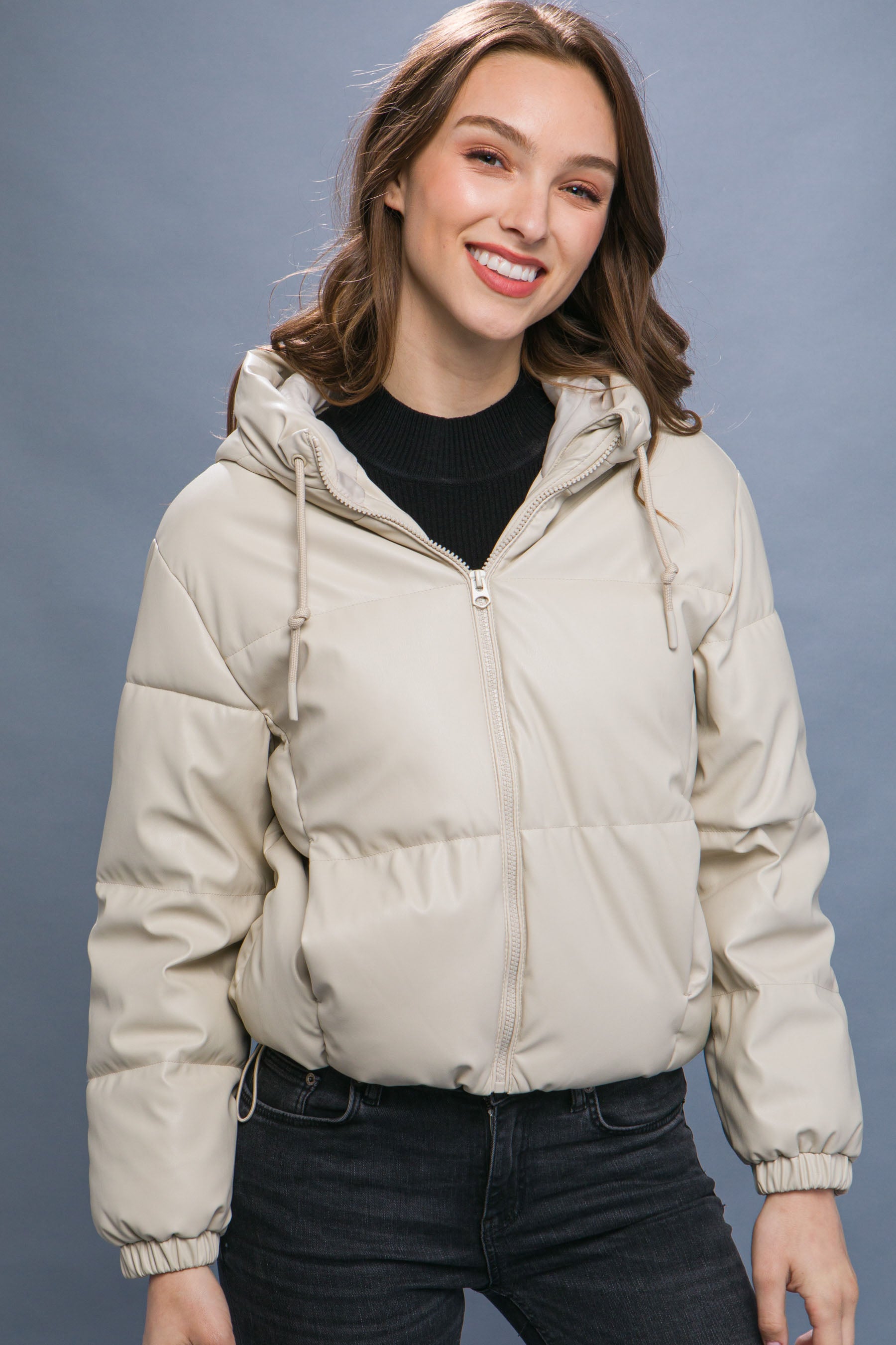 Pu Faux Leather Zipper Hooded Puffer Jacket-58237a.S-Select Size: S-Love It Clothing