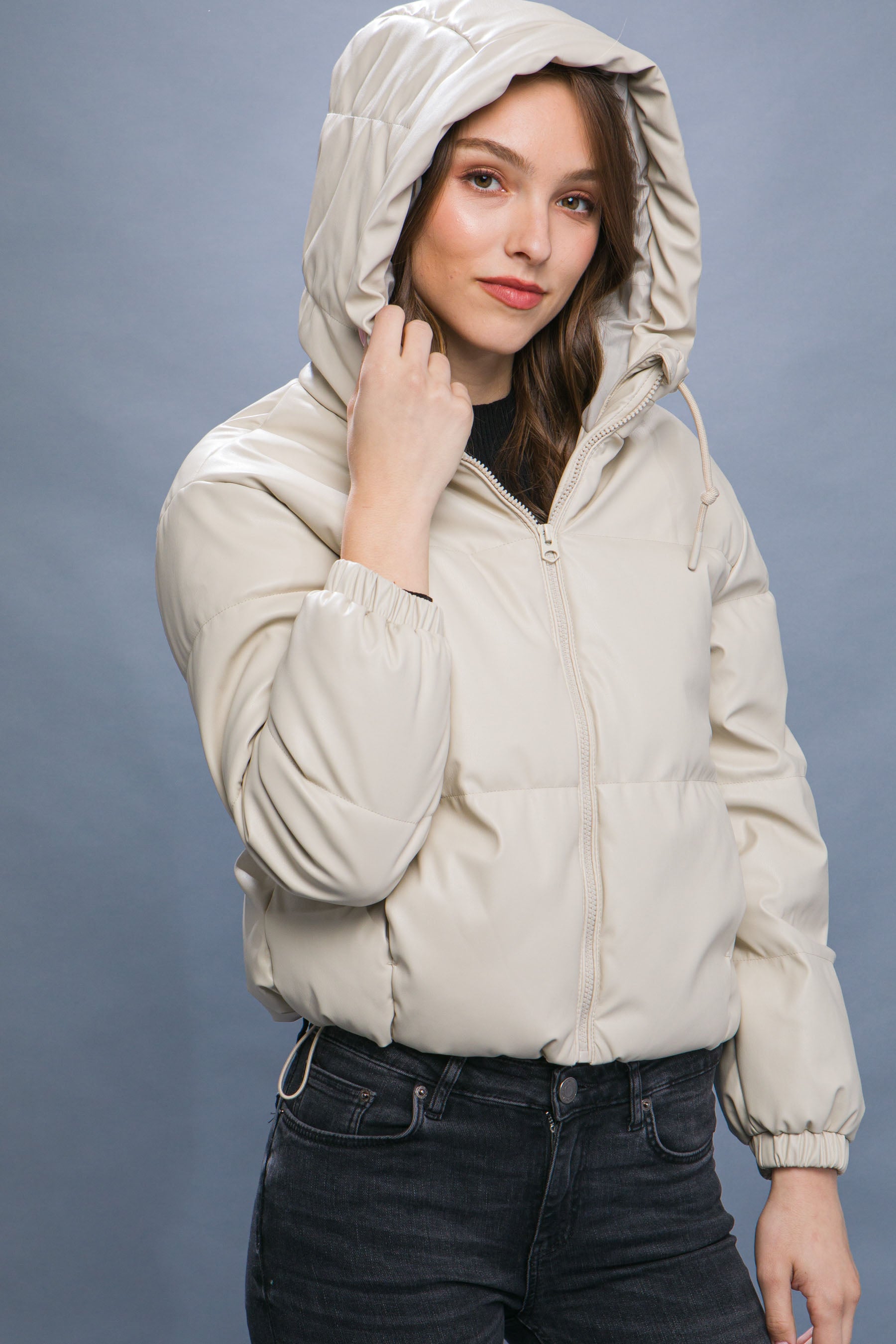 Pu Faux Leather Zipper Hooded Puffer Jacket-58237b.S-Select Size: S, M, L-Love It Clothing