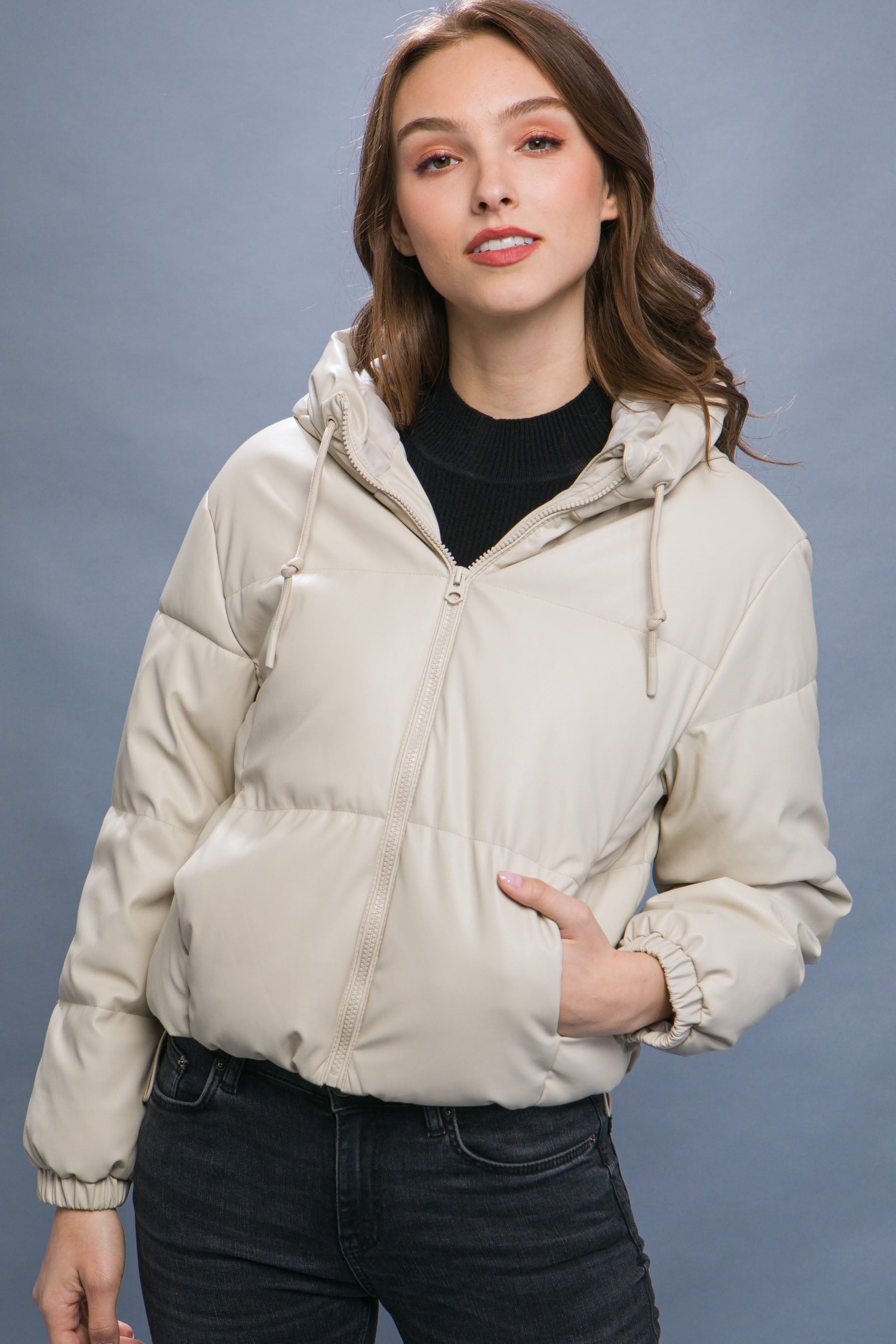 Pu Faux Leather Zipper Hooded Puffer Jacket-58237b.S-Select Size: S, M, L-Love It Clothing