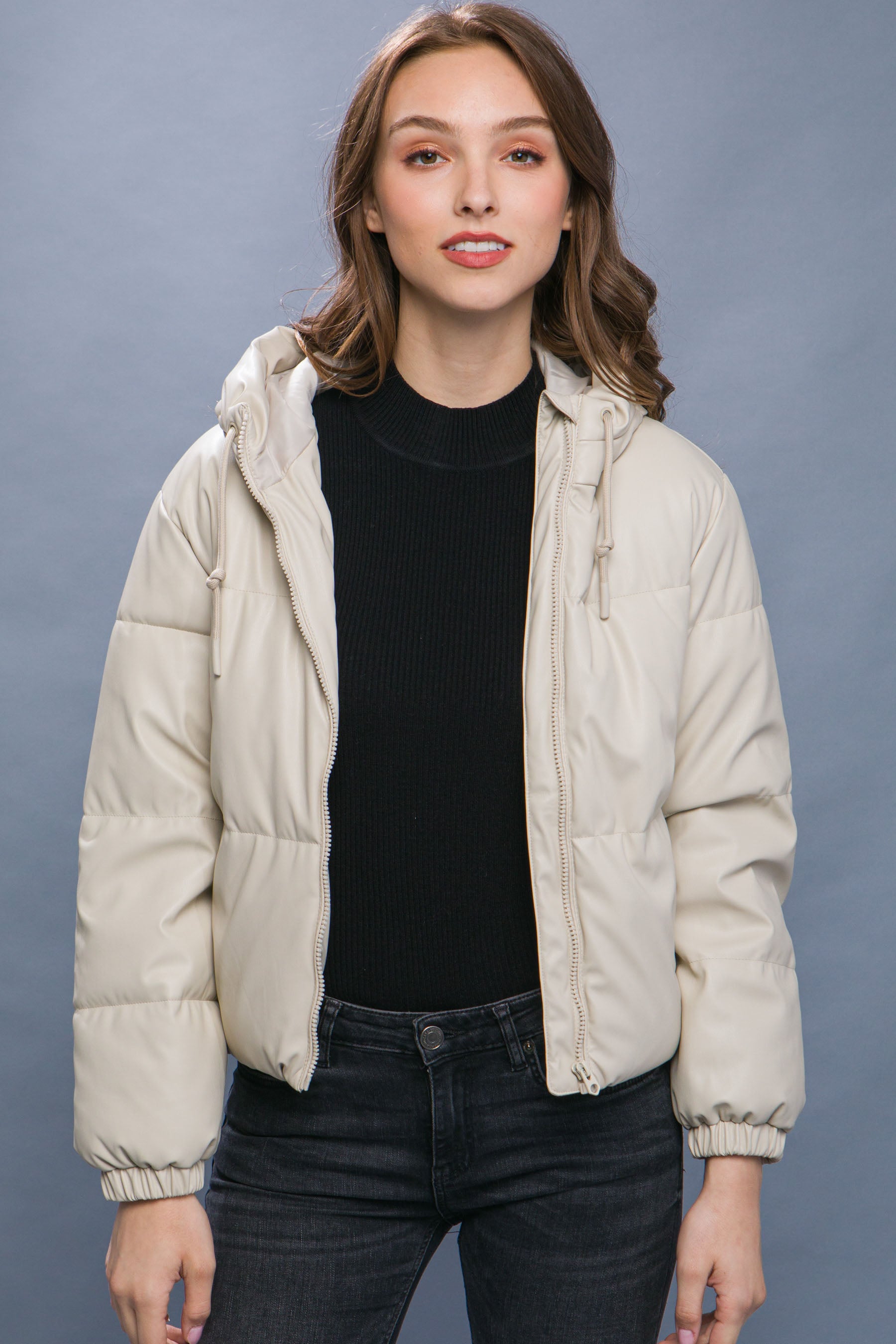 Pu Faux Leather Zipper Hooded Puffer Jacket-58237b.S-Select Size: S, M, L-Love It Clothing