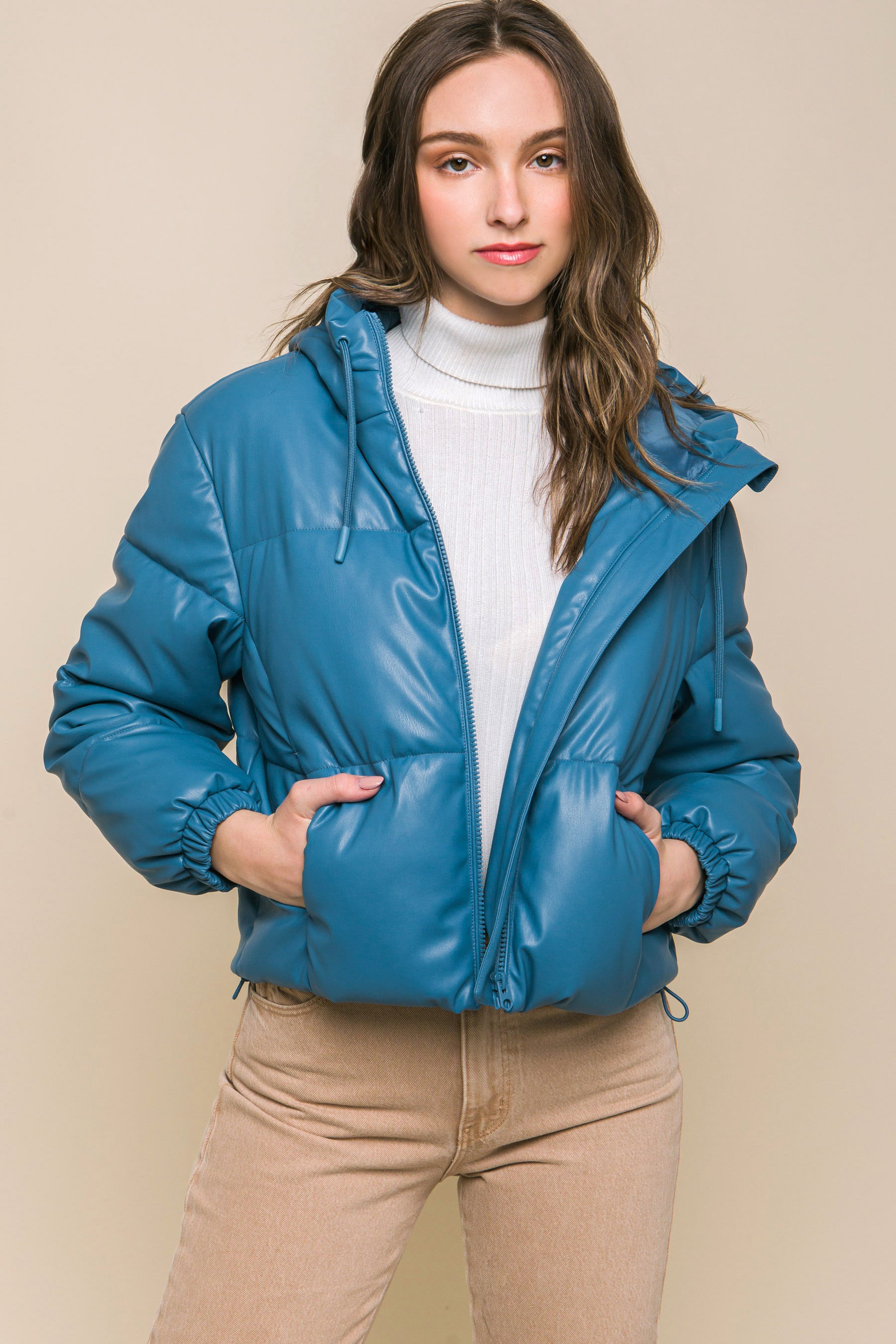 Pu Faux Leather Zipper Hooded Puffer Jacket-58237b.S-Select Size: S-Love It Clothing