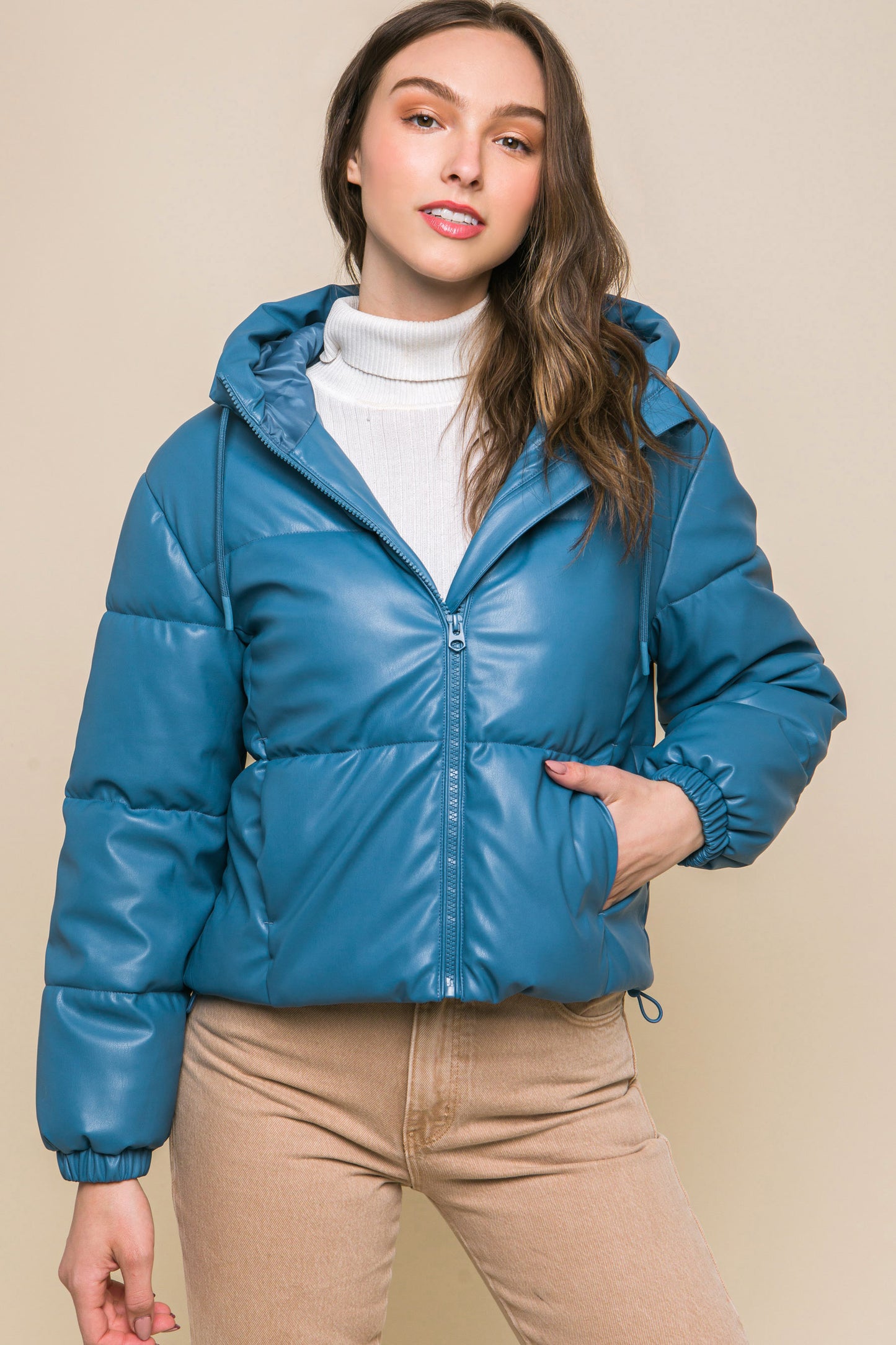 Pu Faux Leather Zipper Hooded Puffer Jacket-58237b.S-Select Size: S, M, L-Love It Clothing